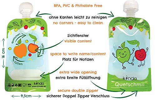 Bolsas de comida para bébés reutilizables (pack de 6), sin BPA | fácil de llenar y limpiar | ideal para batidos de fruta caseros, papi | adecuado para congelador y lavavajillas (100 ml)