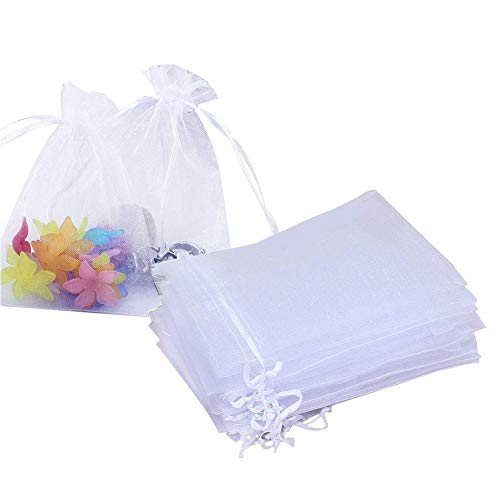 Bolsas de Organza, INTVN Drawstring Organza Bag Multicolores Bolsas de Regalo Favores de Fiesta de Boda Bolsas de joyería, 7 x 9 cm, 200 Piezas, Blanco