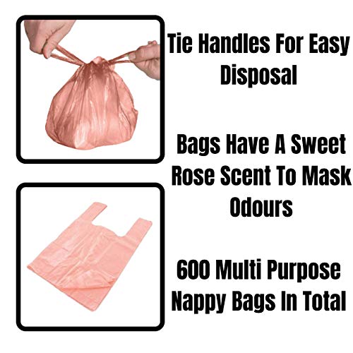 Bolsas desechables para pañales de bebé con aroma de rosa perfumada, 600 paquetes en total (2 x 300 bolsas por paquete)
