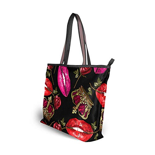 Bolso de mano para mujer Bolsa de viaje Bolsa de lona casual con forro de poliéster Bolsa de deporte, poliéster portátil ligero trabajo oficina viaje hombro hombro labios rojo corona rosa