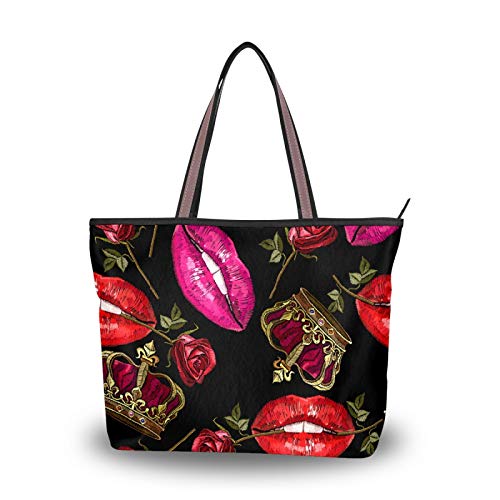 Bolso de mano para mujer Bolsa de viaje Bolsa de lona casual con forro de poliéster Bolsa de deporte, poliéster portátil ligero trabajo oficina viaje hombro hombro labios rojo corona rosa