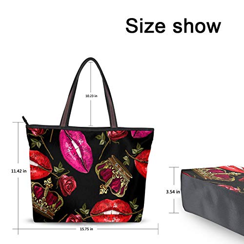 Bolso de mano para mujer Bolsa de viaje Bolsa de lona casual con forro de poliéster Bolsa de deporte, poliéster portátil ligero trabajo oficina viaje hombro hombro labios rojo corona rosa