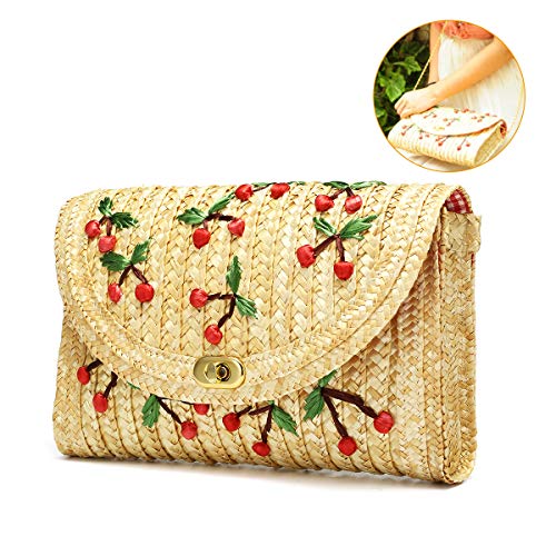 Bolso de Paja Crossbody, JOSEKO Bolso de Mimbre de Las Mujeres Bolso de Paja Bolsa de Embrague de la Playa del Verano Bandolera Cadena plátano Cereza