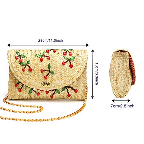 Bolso de Paja Crossbody, JOSEKO Bolso de Mimbre de Las Mujeres Bolso de Paja Bolsa de Embrague de la Playa del Verano Bandolera Cadena plátano Cereza