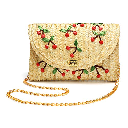 Bolso de Paja Crossbody, JOSEKO Bolso de Mimbre de Las Mujeres Bolso de Paja Bolsa de Embrague de la Playa del Verano Bandolera Cadena plátano Cereza