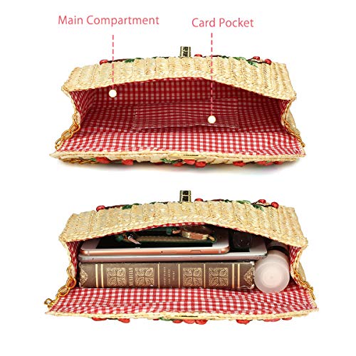 Bolso de Paja Crossbody, JOSEKO Bolso de Mimbre de Las Mujeres Bolso de Paja Bolsa de Embrague de la Playa del Verano Bandolera Cadena plátano Cereza