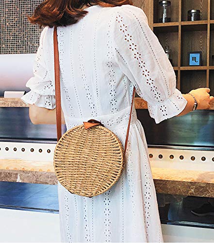 Bolso de Paja Mujeres Redondo 7" Bolsos de Bandolera Verano Crossbody Totes de Playa Ratán Tejidas a mano para Estilo boho para viajes, fechas y vacaciones