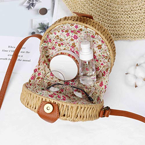 Bolso de Paja Mujeres Redondo 7" Bolsos de Bandolera Verano Crossbody Totes de Playa Ratán Tejidas a mano para Estilo boho para viajes, fechas y vacaciones