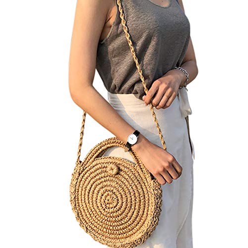 Bolso de Paja Mujeres Redondo Bolsos de Bandolera Verano Crossbody Totes de Playa Ratán Tejidas a Mano Para Estilo Boho Para Viajes, Fechas y Vacaciones