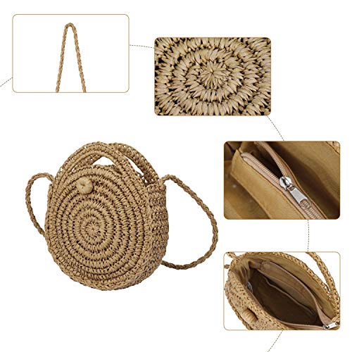 Bolso de Paja Mujeres Redondo Bolsos de Bandolera Verano Crossbody Totes de Playa Ratán Tejidas a Mano Para Estilo Boho Para Viajes, Fechas y Vacaciones