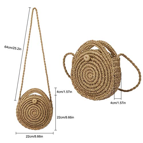 Bolso de Paja Mujeres Redondo Bolsos de Bandolera Verano Crossbody Totes de Playa Ratán Tejidas a Mano Para Estilo Boho Para Viajes, Fechas y Vacaciones