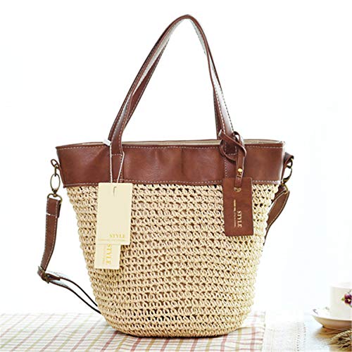 Bolso de Playa de Paja, JOSEKO Bolso de Punto para Mujer Bolso de Mimbre Bolso con manijas de Cuero Adecuado para Compras navideñas Compras Playas y Uso Diario Informal