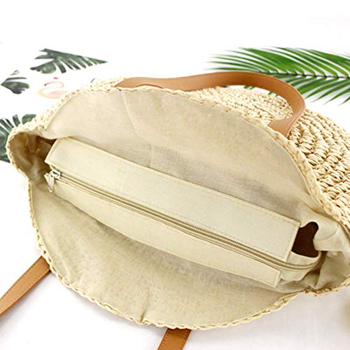 Bolso Tejido Redondo de Paja,Bolsa de Playa de Verano, Para Mujer Bolsa de Hombro de Verano Para Viajes en la Playa y(Beige L)