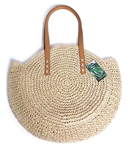 Bolso Tejido Redondo de Paja,Bolsa de Playa de Verano, Para Mujer Bolsa de Hombro de Verano Para Viajes en la Playa y(Beige L)