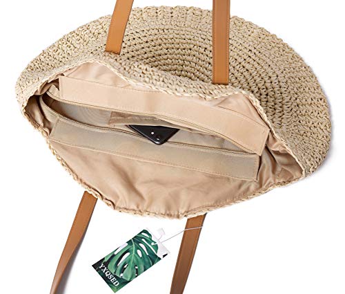 Bolso Tejido Redondo de Paja,Bolsa de Playa de Verano, Para Mujer Bolsa de Hombro de Verano Para Viajes en la Playa y(Beige L)