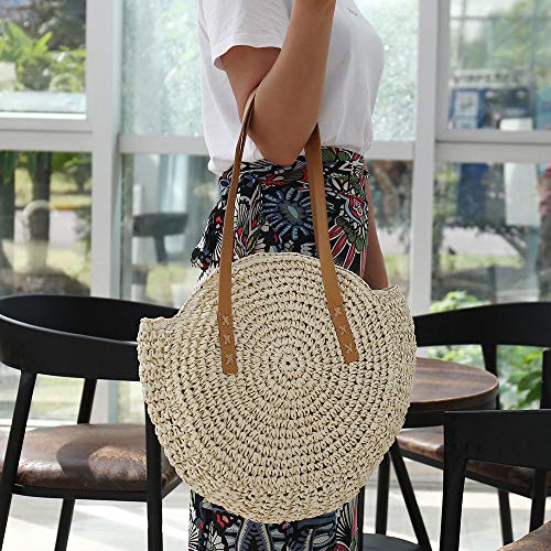 Bolso Tejido Redondo de Paja,Bolsa de Playa de Verano, Para Mujer Bolsa de Hombro de Verano Para Viajes en la Playa y(Beige L)