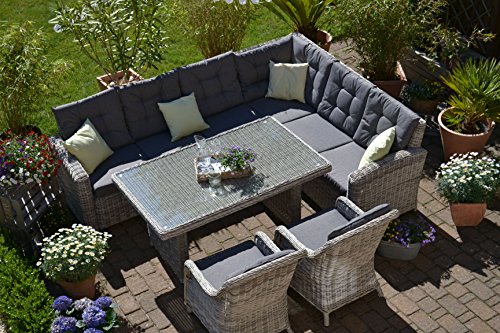 Bomey ratán sintético Muebles de Jardín Set I (4 piezas) Manhattan I Jardín sofá + mesa + dos Sillón + acolchado I Arena gris I Dining Lounge ratán para jardín + Terraza + Jardín De Invierno