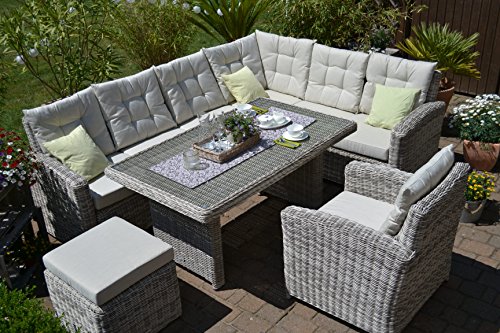 Bomey Ratán sintético Muebles de Jardín Set I (4 Piezas) Manhattan I Jardín sofá + Mesa + Sillón + Taburete + Acolchado I Arena Gris I Dining Lounge Ratán para Jardín + Terraza + Jardín De Invierno