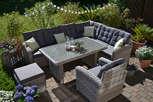 Bomey ratán sintético Muebles de Jardín Set I (4 piezas) Manhattan I Jardín sofá + mesa + sillón + taburete + acolchado I Arena gris I Dining Lounge ratán para jardín + Terraza + Jardín De Invierno