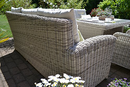 Bomey Ratán sintético Muebles de Jardín Set I (4 Piezas) Manhattan I Jardín sofá + Mesa + Sillón + Taburete + Acolchado I Arena Gris I Dining Lounge Ratán para Jardín + Terraza + Jardín De Invierno