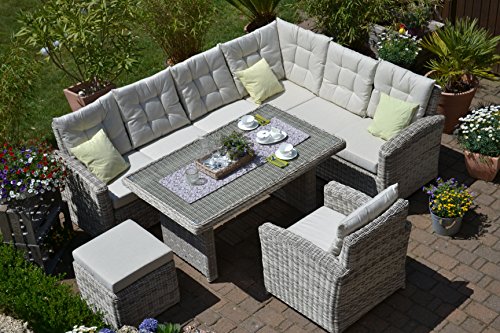Bomey Ratán sintético Muebles de Jardín Set I (4 Piezas) Manhattan I Jardín sofá + Mesa + Sillón + Taburete + Acolchado I Arena Gris I Dining Lounge Ratán para Jardín + Terraza + Jardín De Invierno