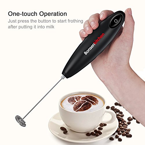 Bonsenkitchen Espumador eléctrico de Mano, Batidor de Leche de Acero Inoxidable para café, café con Leche, Latte y Cappuccino, batería incluida (MF8710, Negro)