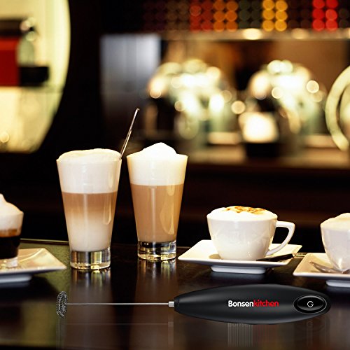 Bonsenkitchen Espumador eléctrico de Mano, Batidor de Leche de Acero Inoxidable para café, café con Leche, Latte y Cappuccino, batería incluida (MF8710, Negro)