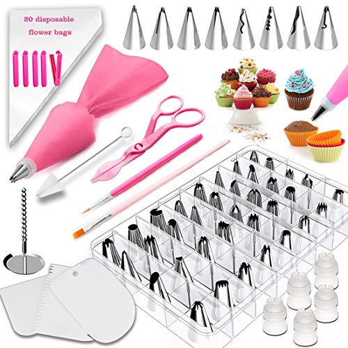 Boquillas para Manga Pastelera, 83pcs Set Boquillas, Set Decoración de Cupcakes y Tartas, Incluir 44 Boquillas, 20 Mangas Pastelera Desechables, Acopladores, Kit de Pasteles Decoración