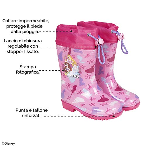 Botas Agua Princesas Disney - Botines Niñas Impermeables Cenicienta Rapunzel Jasmine - Suela Antideslizante Morada y Cierre Cordón - Rosa Purpurina - 5 Tallas - Perletti (Rosa, 28/29 EU)