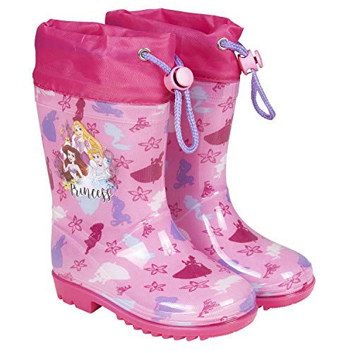 Botas Agua Princesas Disney - Botines Niñas Impermeables Cenicienta Rapunzel Jasmine - Suela Antideslizante Morada y Cierre Cordón - Rosa Purpurina - 5 Tallas - Perletti (Rosa, 28/29 EU)