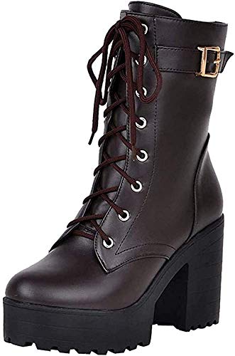 Botas Militares de Cuero de la PU Botas Plataforma cuña con Cordones Tacón Ancho para Mujer Otoño Invierno Moda 2018 PAOLIAN Botas Biker Zapatos Señora Talla Grande Calzado Dama Estilo Británico