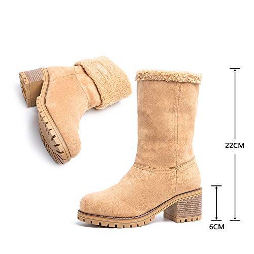 Botas Mujer Invierno Tacon Forrado Calentar Botas Altas Botines Moda Casual Outdoor Zapatos de Nieve Snow Boots 6 cm Caqui 39