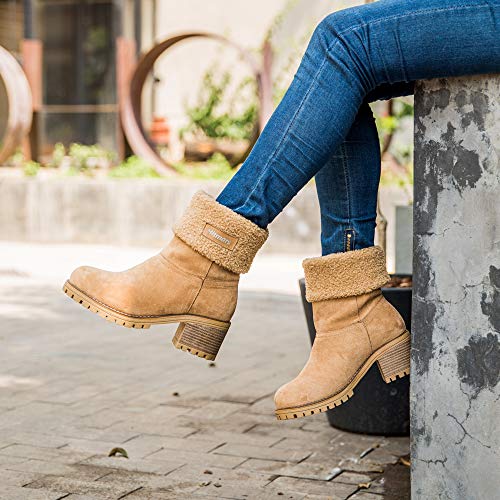 Botas Mujer Invierno Tacon Forrado Calentar Botas Altas Botines Moda Casual Outdoor Zapatos de Nieve Snow Boots 6 cm Caqui 39