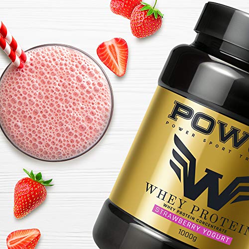 Bote Proteina Whey, Proteína de suero de leche en polvo, 1Kg (sabor Yogur con Fresas) POWST