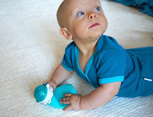 ❤ Botella de silicona Squeasy Snacker, 160 ml reutilizable, para alimentos semilíquidos y líquidos, antigoteo, sin BPA azul turquesa