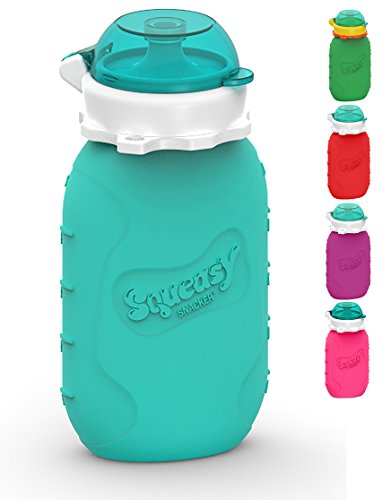 ❤ Botella de silicona Squeasy Snacker, 160 ml reutilizable, para alimentos semilíquidos y líquidos, antigoteo, sin BPA azul turquesa