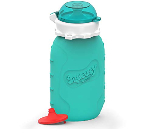 ❤ Botella de silicona Squeasy Snacker, 160 ml reutilizable, para alimentos semilíquidos y líquidos, antigoteo, sin BPA azul turquesa