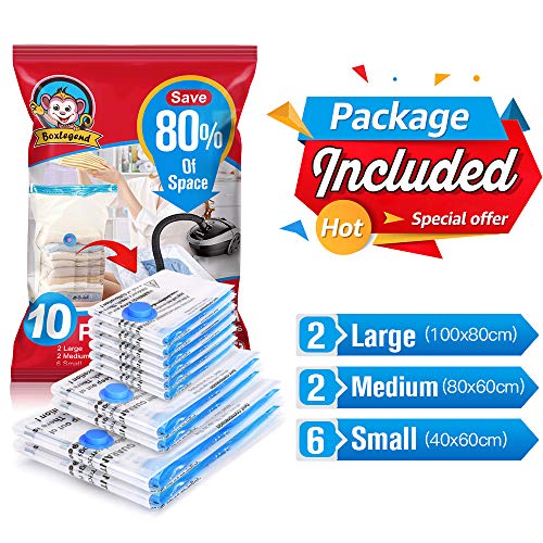 BoxLegend 10 Piezas Bolsa para Vacio de Ropa, 2L*100x80 + 2M*80x60 + 6S*60x40cm Bolsa Ropa al Vacio Ahorro de Espacio para Guardar Ropa, Ropa de Cama, Edredones, Almohadas, Mantas, Cortinas