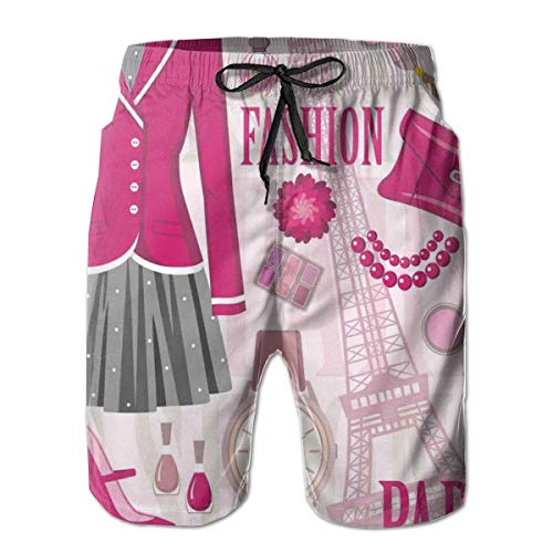 Boys Swimming Shorts Funny Printed,Fashion Theme In Paris with Outfits Dress Watch Purse Perfume Parisienne Landmark,Quick Dry Beach Board Trunks with Mesh Lining,Medium