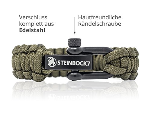 Bracelet paracorde Steinbock7 - Fermoir en acier inoxydable - Mode d'emploi, Army-Green, 23 cm