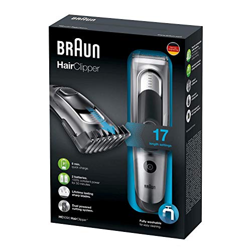 Braun HC5090 - Máquina de Cortar Pelo Profesional, Cortapelos con 17 Ajustes de Longitud y Soporte de Carga, Plata/Negro