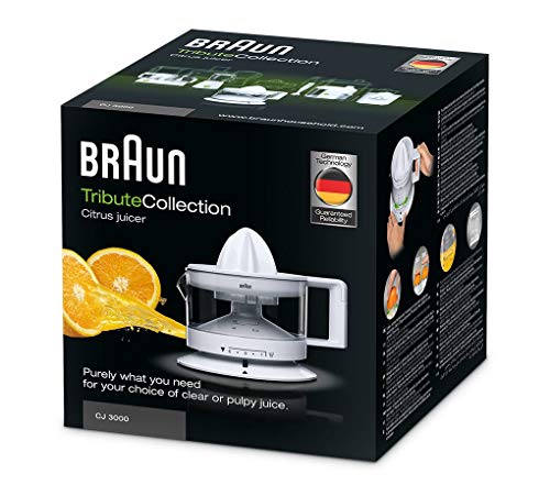 Braun Hogar CJ3000-Tribute Collection Exprimidor de zumos, 20 W, 0.35 litros, 0 Decibelios, Acero Inoxidable, plástico, Blanco