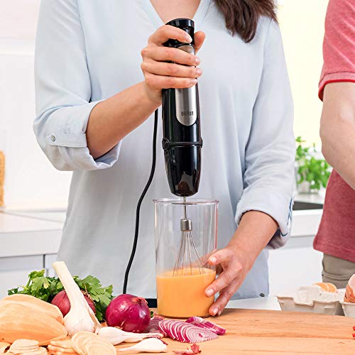 Braun Minipimer 7087 - Batidora de mano, 1000W, 5 accesorios (minipicadora 350ml, pasapuré, varillas, procesador de alimentos con 3 funciones, vaso medidor 600ml, velocidad automática, Active Blade)