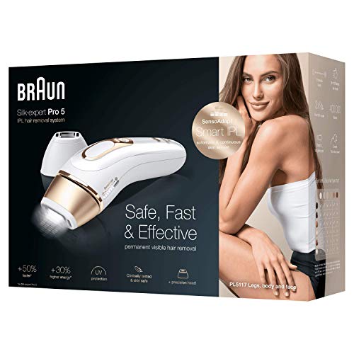 Braun PL5117 Silk·Expert Pro 5 - Depiladora Luz Pulsada (IPL) de Última Generación, Depilación Permanente, También Adecuado para el Hombre, Blaco/Dorado