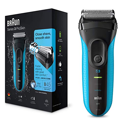 Braun Series 3 ProSkin 3010 s Afeitadora eléctrica hombre, Afeitadora Barba Inalámbrica y Recargable, Wet&Dry, Máquina de Afeitar para Hombre, Negro/Azul
