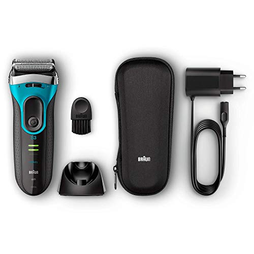 Braun Series 3 ProSkin 3080 s - Afeitadora eléctrica hombre, afeitadora barba inalámbrica y recargable, Wet&Dry, máquina de afeitar, recortadora de precisión extraíble, negro/azul + base de carga