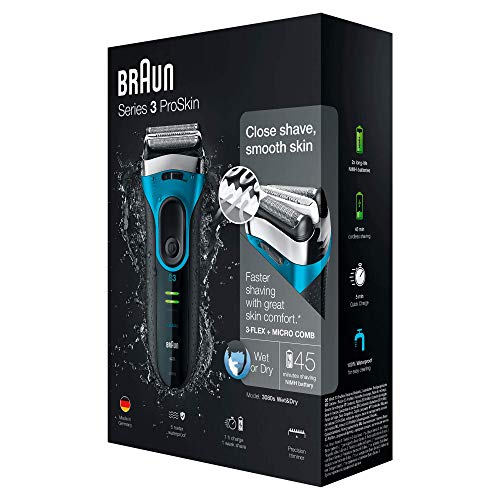 Braun Series 3 ProSkin 3080 s - Afeitadora Eléctrica Hombre, Afeitadora Barba Inalámbrica y Recargable, Wet&Dry, Máquina de Afeitar, Recortadora de Precisión Extraíble, Negro y Azul + Base de Carga