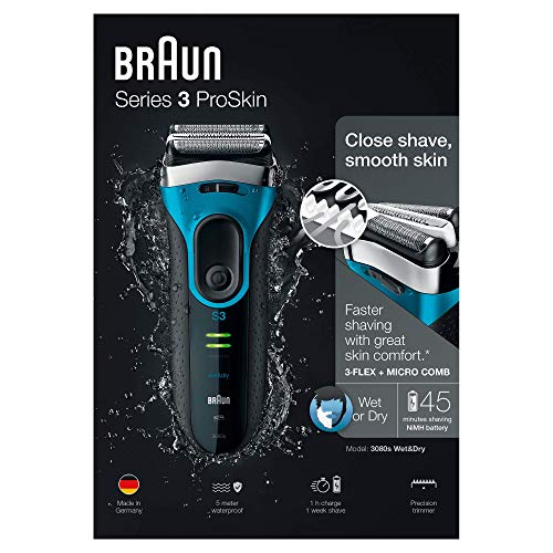 Braun Series 3 ProSkin 3080 s - Afeitadora Eléctrica Hombre, Afeitadora Barba Inalámbrica y Recargable, Wet&Dry, Máquina de Afeitar, Recortadora de Precisión Extraíble, Negro y Azul + Base de Carga