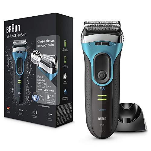 Braun Series 3 ProSkin 3080 s - Afeitadora Eléctrica Hombre, Afeitadora Barba Inalámbrica y Recargable, Wet&Dry, Máquina de Afeitar, Recortadora de Precisión Extraíble, Negro y Azul + Base de Carga