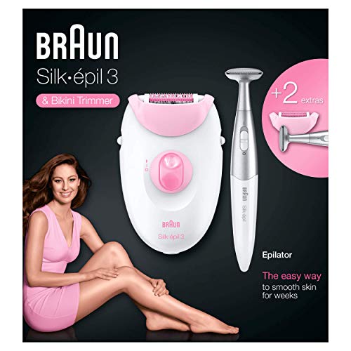 Braun Silk-épil 3 3-321 - Depiladora para mujer con rodillos de masaje y recortadora para la línea del bikini, blanco/rosa